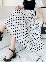 Skirts Women High Waist A-Line Skirt Girls 2024 Summer Dot Pleated Chiffon Elastic Basic Folds Long