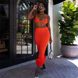 Work Dresses Solid Knitted Two Piece Set Women Sexy Spaghetti Straps Crop Tops Ruffles Hem High Waist Bodycon Maxi Skirts Club Party Suits