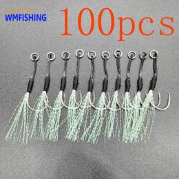 100pcs Black Assist Hook Fishing Lure Fish Cast Jigs Barbed Single Jig Hooks Feather Pesca Carbon Steel Peche Slow Jigging 240313