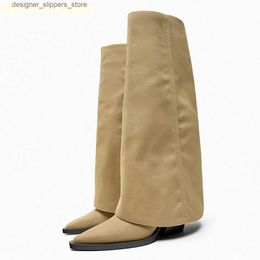 Boots Pointed Toe Thick Heel Trouser Boots Autumn Winter New Style Denim Boots Womens Ovet Knee Boots High Heel Western Cowboy Boots Q240321