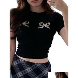 Womens T-Shirt T Shirts Women Y2K Cute Graphic Bow Print Short Sleeve Crewneck Baby Tee Valentine S Day E-Girl Crop Top Aesthetic Drop Otpgx