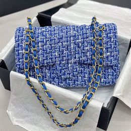 Womens Designer Blue Tweed 1112 CF Shoulder Bags GHW Crossbody Handbags Classid Double Flap Quilted Rectangular Purse Multi Pochette Purse For Ladies 25CM