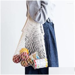 Storage Bags Quality Cotton Mesh Shop Bag Reusable String Fruit Totes Fashion Hand Carry Beach Woven Net Handbag Drop Delivery Home Ga Otdfh