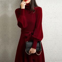 Casual Dresses Red Turtleneck Knitted Dress Women's Autumn 2024 Retro Lantern Sleeves Bottoming Warm Sweater Christmas Vestidos