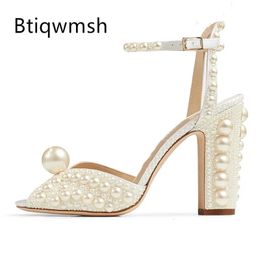 Big Pearl Gladiator Sandals Woman Open Toe Rhinestone Diamond High Heels Pumps Woman Pure Wedding Shoes 240312