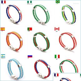 Charm Bracelets Charm Bracelets Fashion Russia Spain France Brazil Flag Leather Team Bracelet Men Football Fans Couples Gift Jewelry D Dhmjc