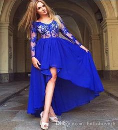 HiLo Royal Blue Lace Chiffon Long Sleeve Short Prom Dresses Short Front Long Back Robes de Cocktail Evening Gowns 20193775584