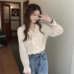 Women's Blouses Women Blouse Solid Elegant Ruffles Chiffon Fashion Flare Sleeve Simple V-neck All-match Streetwear Korean Style Casual Tops