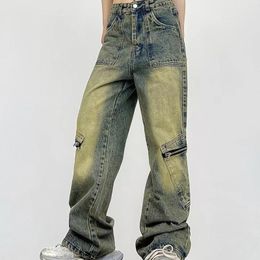 Men's Jeans And Women's Fashion Patchwork High Waisted Retro Zipper Trim Slim Straight Leg Wide Denim Pants Size 1