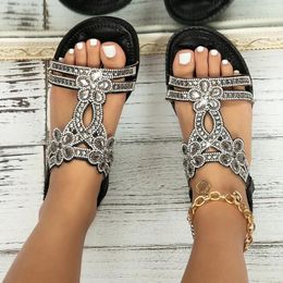 Sandals Women Rhinestone Decor Elastic Ankle Strap Casual Bohemian Beach Flat Shoes Round Toe Comfortable Slingback