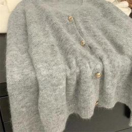 Women's Knits Limiguyue Grey V-neck Mohair Sweater Jacket Vintage Loose Knit Cardigan Women Metal Button Wool Knitwear All Match E289