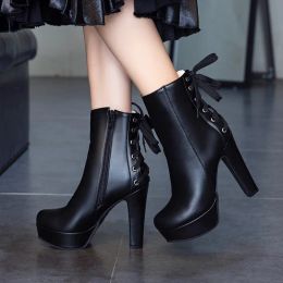 Boots New 2019 Fashion Women Ankle Boots High Heels Platform Motorcycle Boots Fashion Laceup White Black Ladies Shoes 569