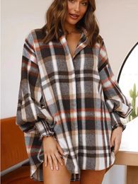 Women's Blouses 2024 Autumn Plaid Shirt Women Long Sleeve Turn Down Collar Single Breasted Casual Loose Outwear Blouse Tops