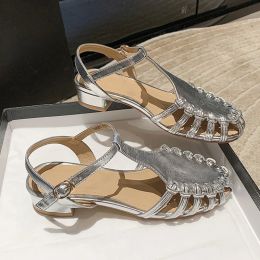 Sandals New Women T Strap Sandals Narrow Band Low Heels Dress Shoes Ladies Sliver Wedding Shoes Gold Hollow Outs Sandalias Mujer Summer