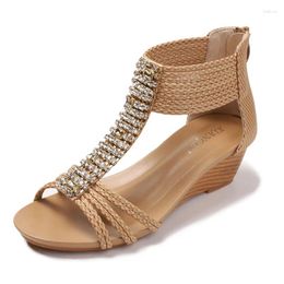 Sandals 2024 Female Summer Bohemian Ethnic Wind Rhinestone Non-slip Roman Fashion High-Heeled Ladies