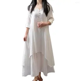 Casual Dresses Fashion Ankle-Length Women Retro Dress Shrink Resistant Baggy Buttons Decor Large Hem For Home