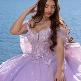 Lavender Lilac Shiny Off The Shoulder Quinceanera Dress Ball Gown Bow Crystal Beading Tull Sweet 16 Vestido De 15 Anos