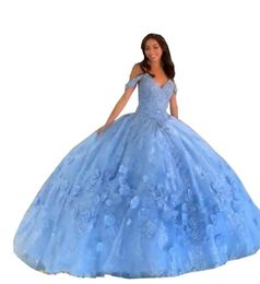 Bahama Blue Quinceanera Dresses Off Shoulder Hand Made Flowers Lace Beads Bandage Ball Gown Sweet 16 Dress Prom Graduation Vestido5710383