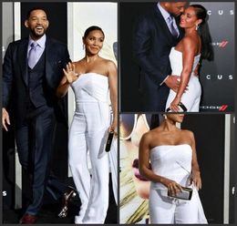Celebrity Red Carpet Jumpsuit Evening Dresses Ruched Strapless Zipper Sexy Back Prom Pant Suit Party Gowns5660109