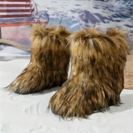 Boots Women's Slip on Warm Snow Boots 2023 Winter Luxury Furry Faux Fox Fur Boots Designer Plush Warm Platform Shoes Zapatos De Mujer