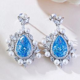 Stud Earrings S925 Silver Imported Flower Cut 8 12 Water Drop Sea Blue Women's Fashion Colourful Treasure