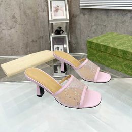 Novelty slippers designers Sandals fashion Gauze rhinestone Checkered Sandal for womens 7.5cm high heeled women designer shoe footwear Top quality slipper 35-42