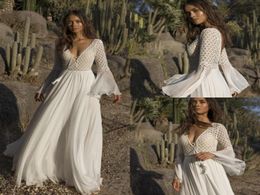 Asaf Dadush Boho Wedding Dresses Bridal Gowns Deep V Neck Long Sleeve Crystal Beaded A Line Floor Length Bohemian Sexy Beach Bride3860807