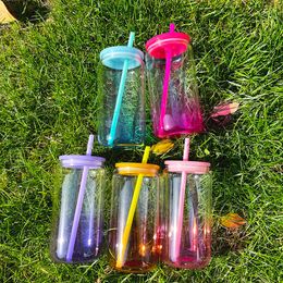 USA warehouse kids can shaped gradient colored Acrylic beer cups can ombre jelly colored 16oz plastic Acrylic soda can water bottle with colorful pp lids,sold by case