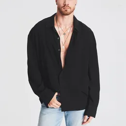 Men's Casual Shirts Fashion Solid Turn Down Collar Buttoned T Shirt Top Men Clothing Long Sleeve Beach Simple Oversize 2024