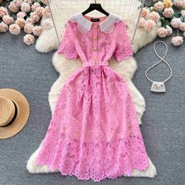 French Fashion High-end Doll Neck Short Sleeved Lace Hook Flower Dress for Women Slim Waist A-line Skirt