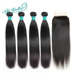 Closure Ali Grace Brazilian Straight Hair With Closure 100% Remy Human Hair 4 Bundles With 4x4 Free Middle Part Lace Closure