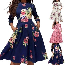 Casual Dresses Women Elegant A-line Midi Dress Vintage Printing Party Vestidos Three Quarter Sleeve Spring