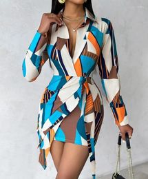 Casual Dresses Vitange Elegant For Women 2024 Spring Geometric Print Striped Pocket Design Lace Up High Waist Shirt Dress Office