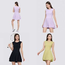 Lu Womens Designer Clothing Dress Summer Nuls Nude Sleeveless Tennis Slimming Sports High End Double Layer Yoga Dress