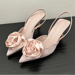 Sandals High Heeled Spring Mid Heel Solid Colour Pointed Flower Decorative Women's Headed Banquet Shoes Heels