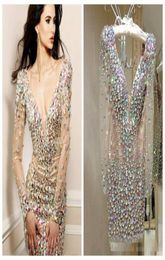 Arabic Cocktail Dresses Sparkling Rhinestone Mini Club Wear Dress Party Gowns Deep V Neck Long Sleeves Sexy Cocktail Short Prom Dr8017103