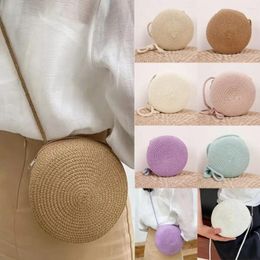 Drawstring Handmade Knitted Round Straw Bag Beach Crossbody For Ladies Children Cute Shoulder Rattan Woven Candy Colour Small Handbag