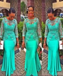 Charming Aso Ebi Green Long Sleeves Evening Dress Sheer Neck Lace Appliques Beads Mermaid Prom Dresses African Plus Size Party Dre5392768