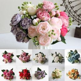 Decorative Flowers 5 Heads Artificial Retro Colourful Realistic Fake Flower Silk Wedding Home Party Decor