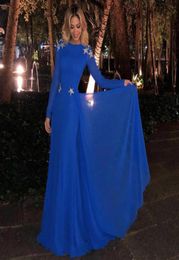 Royal Blue Mermaid Beaded Evening Dresses With Long Sleeves Bateau Neck Backless Formal Dress Overskirt Chiffon Sequined Prom Gown3135216