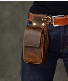 Crazy Horse Real Leather men Casual Small Waist Bag Cowhide Fashion Hook Bag Waist Belt Pack Cigarette Case7" Phone Pouch