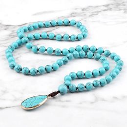 Pendant Necklaces Fashion Bohemian 8mm Blue Stone Necklace Men Drop Tribal Jewelry Handmade Knotted Women Ethnic Energy Gifts