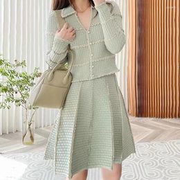 Work Dresses Office Ladies Fashion Two Piece Set V-Neck Knitted Lace Coat Cardigan Matching Short Skirt Clothes Suit