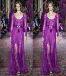 Zuhair Murad Purple Evening Dresses Scoop Neck Long Sleeve Illusion Party Gown Floor Length Prom Party Gowns8493433