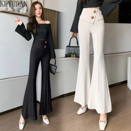 Boots 2022 New Spring Summer Slim High Waist Flare Pants Women's Drape Boot Cut Button Casual Long Pants Female Trousers Black Apricot