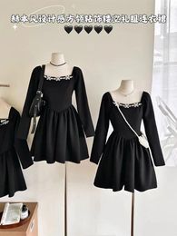 Casual Dresses Vintage Elegant Black Party Evening Retro Temperament Slim Long Sleeve Square Collar Dress Fashion Harajuku Style