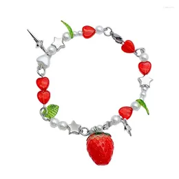 Link Bracelets Sweet Beaded Bracelet Delicate Strawberry Handmade Wrist Jewellery Y2K Alloy Material For Daily