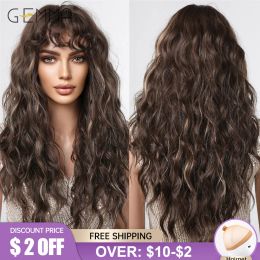 Wigs GEMMA Dark Brown Long Curly Synthetic Wig Deep Wave Cosplay Hair Wigs with Wavy Bangs for Women Daily Party Heat Resistant Fibre