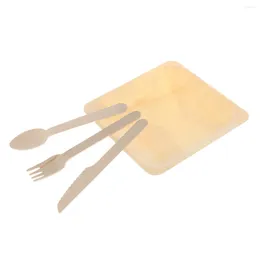 Disposable Dinnerware 48 Pcs Wooden Utensils Eating Square Plate Bamboo Salad Serving Plates