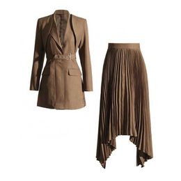 Oudina 2023 Autumn Elegant Strapless Short Blazer Ladies Long Pleated Skirt Suits Set for Women